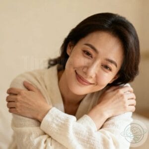 A person giving themselves a warm hug, with a serene and welcoming facial expression.