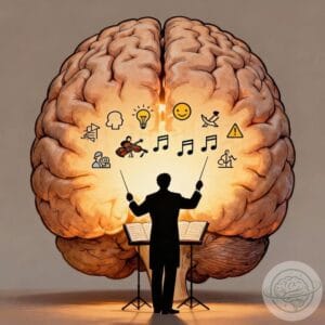 Silhouette of a conductor directing icons of activities and emotions in front of a large illuminated brain, illustrating the control of executive brain functions.