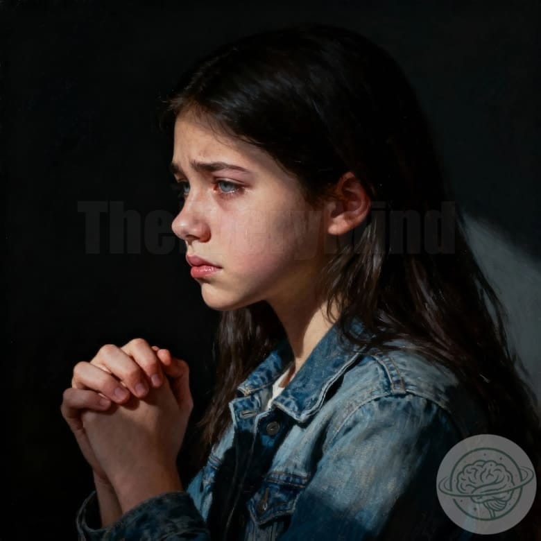 A teenage girl in profile, with her hands clasped in front of her face and an introspective expression, wearing a denim jacket against a dark background, symbolizing emotional pain and isolation.