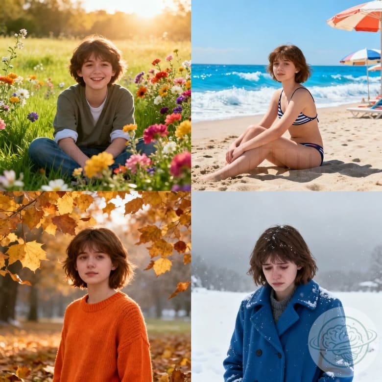 A young boy depicted in four illustrations, each representing a season: surrounded by flowers in spring, playing on the beach in summer, pensive among leaves in autumn, and downcast in the snow in winter.