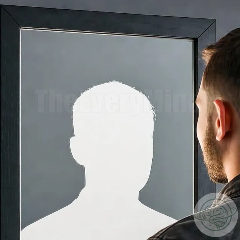 A man stands before a mirror with a white, absent silhouette in the reflection, symbolizing the loss of identity and disconnection typical of dissociative fugue.