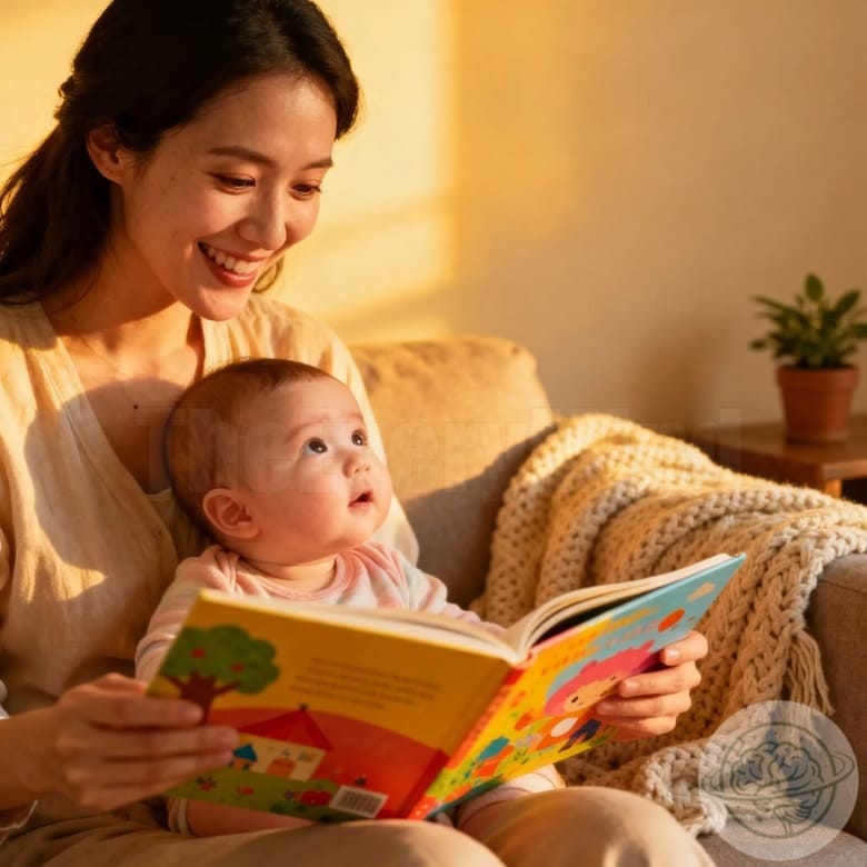 A smiling mother reading a colorful book to her baby in her lap, in a cozy setting.