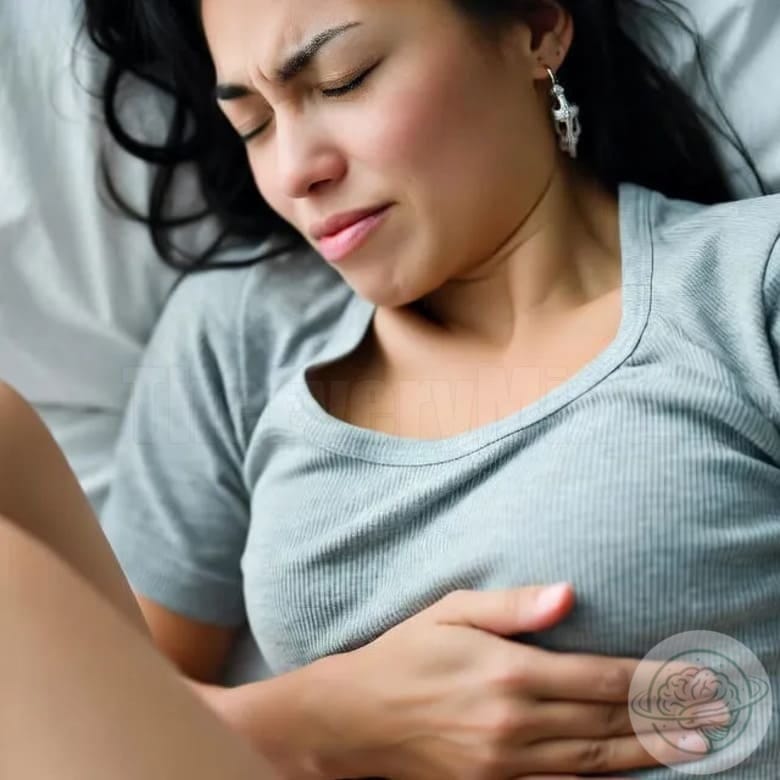 Woman lying in bed with her hand on her abdomen, expressing discomfort related to Premenstrual Dysphoric Disorder.