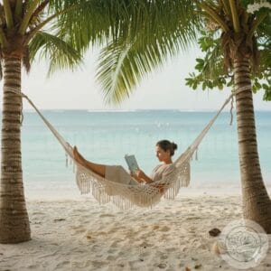 A woman relaxes and reads a book in a light-colored hammock strung between palm trees on a tranquil beach. The image conveys serenity and self-care.