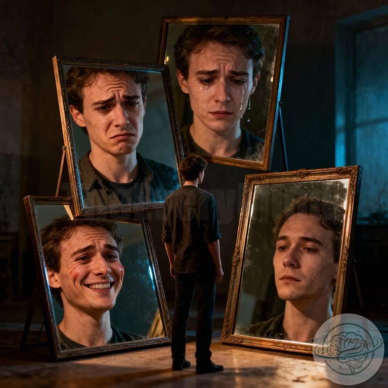 Visual concept of a person with multiple reflections in mirrors, showing slightly different facial expressions, symbolizing the subtle instability of mood.