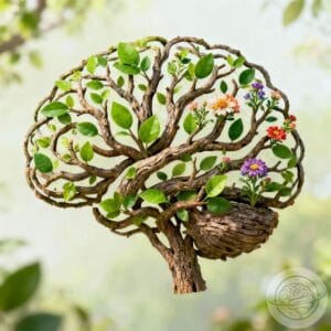 A stylized brain made of branches with green leaves and colorful flowers, representing brain growth, renewal, and adaptation.