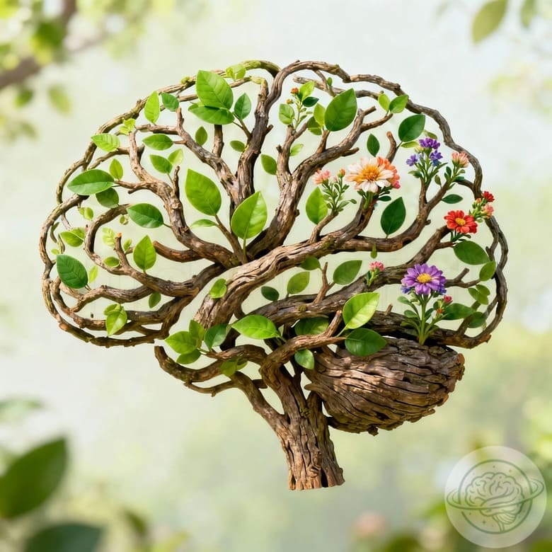 A stylized brain made of branches with green leaves and colorful flowers, representing brain growth, renewal, and adaptation.