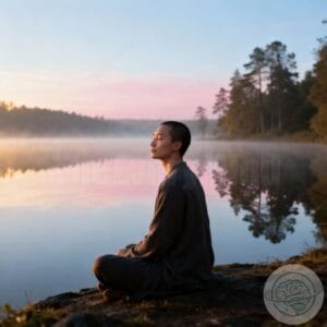 A person practicing mindfulness by a lake, reflecting inner peace and balance.