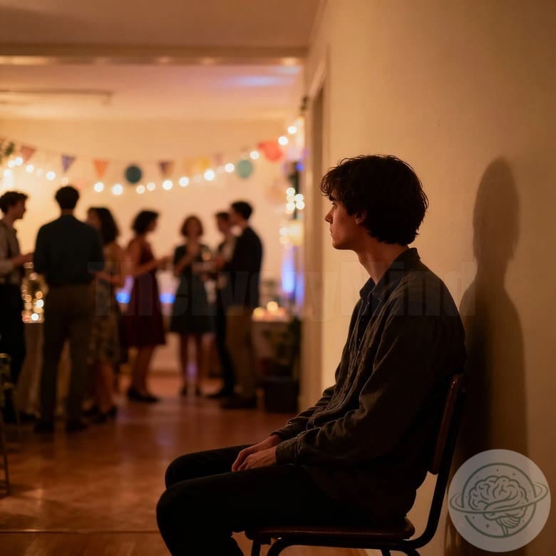 A person sitting alone in a corner, observing a group of people socializing at a distance at a party, with an expression of anxiety and loneliness.