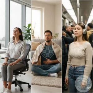 Photo collage showing people practicing mindful breathing in the office, at home, and on public transport.