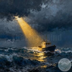A boat on a rough sea during a storm, illuminated by a golden beam from the sky, representing hope and guidance amidst intense emotions.