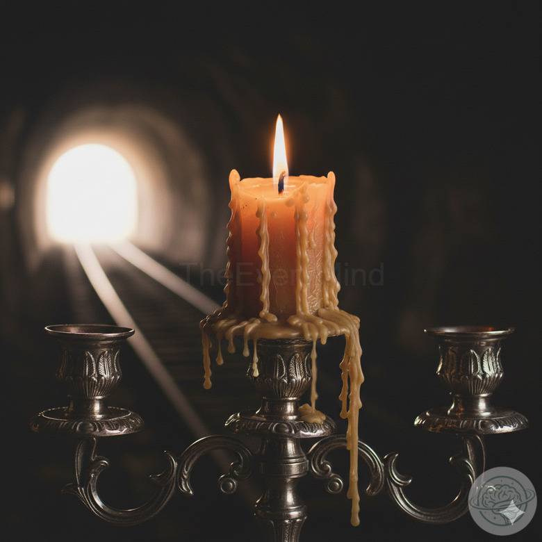 Extreme close-up of a lit amber wax candle, with a long wick and melted wax dripping in organic shapes, against a dark background. It symbolizes the passage of time, finitude, and the beauty of life that consumes itself to illuminate.