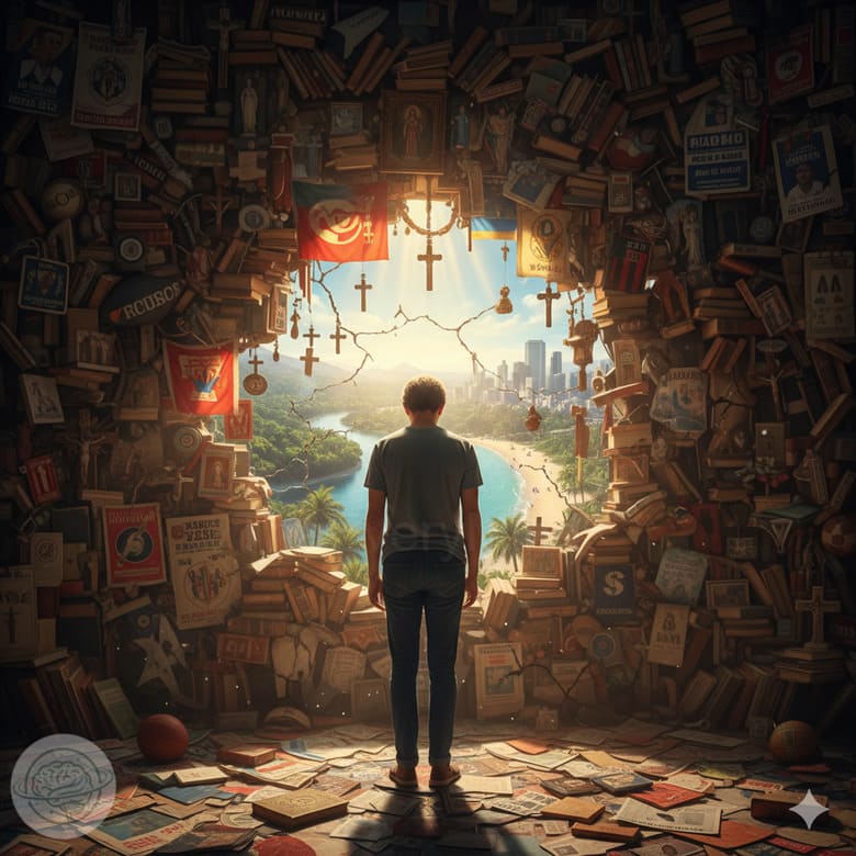 A person with their back turned, facing a tall wall made of stacked books, religious symbols, team flags, and political logos, blocking the view of a diverse landscape in the background.