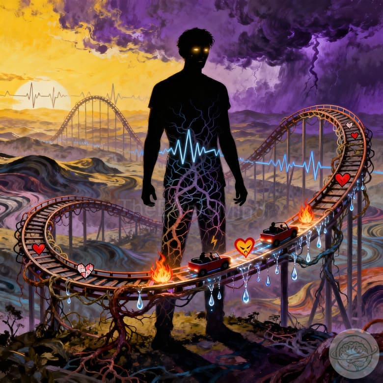 Illustration of a person whose emotions form a chaotic rollercoaster around them, representing the emotional instability of Borderline Personality Disorder.