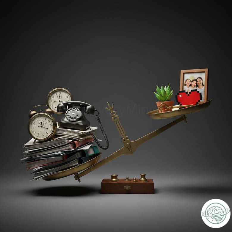 An unbalanced scale. On one side, a pile of weights symbolizing "Demands" (clocks, stacks of paper). On the other, a few weights symbolizing "Resources" (a small plant, a heart icon, a key). Professional burnout.