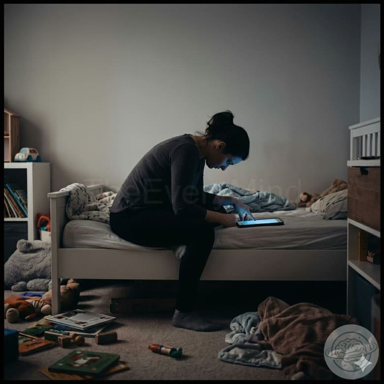 Silhouette of a person sitting on the floor, with their back turned and head down, in a messy room with toys, illuminated by the soft light of a tablet screen.