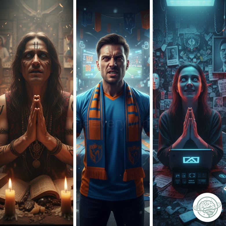 A person representing different forms of conviction and fanaticism, comparing healthy belief, sports fanaticism, and modern obsession, illustrating how to have convictions without mental rigidity.