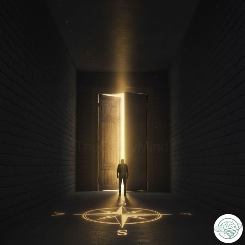 A person searching for purpose and meaning in life stands before a half-open door, symbolizing transition and hope.