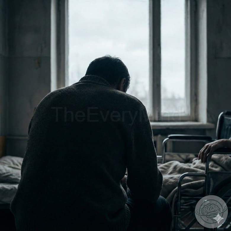 Silhouette of a person looking out a window, with slumped shoulders, while caring for someone in the background.