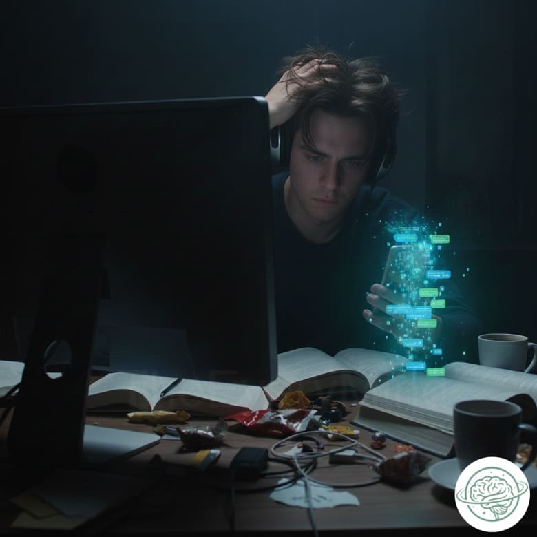 A young person with an expression of tiredness and sadness, a symbol of the impact on mental health, seen from inside the monitor. Their attention is divided between the PC and a smartphone with incessant notifications, amidst a disorganized environment.