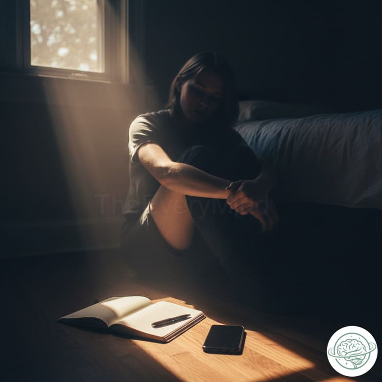 A person showing signs of profound loneliness and social isolation is sitting alone in a room.