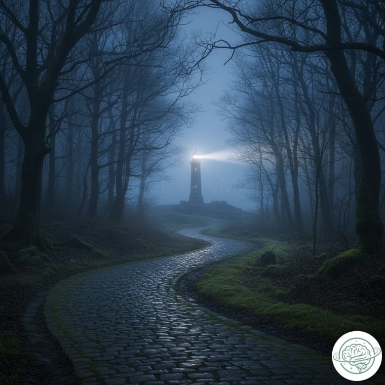 A path of stones in a forest at night, leading to a lighthouse whose light cuts through the fog, symbolizing a guide to mental disorders, warning signs, diagnosis, and treatment.